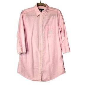 Lauren Ralph Lauren Pink Polka Dot Shirt Dress/Tunic Lace Trim Monogram Size XS